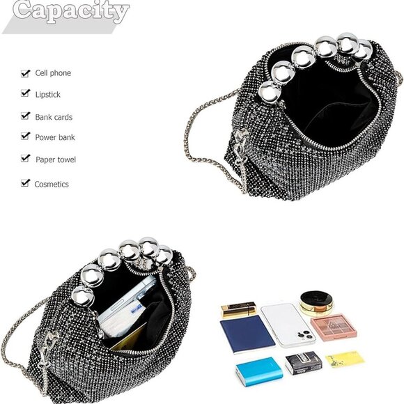 Sparkling Black Rhinestone Evening Handbag - Versatile Clutch and Crossbody Bag - Picture 3 of 6